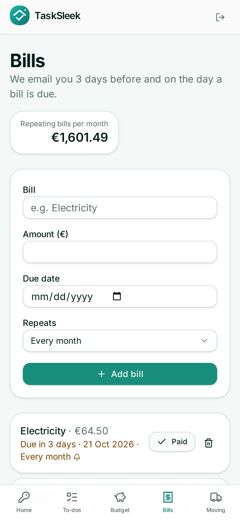 Bills with due dates and reminders on a phone