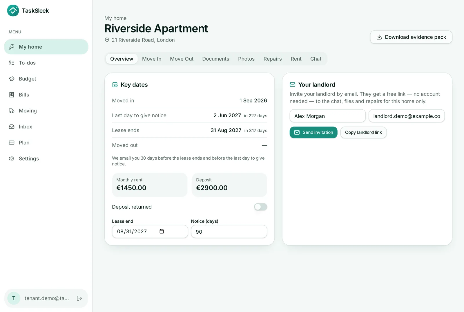 My home with key dates, rent, deposit and landlord invite